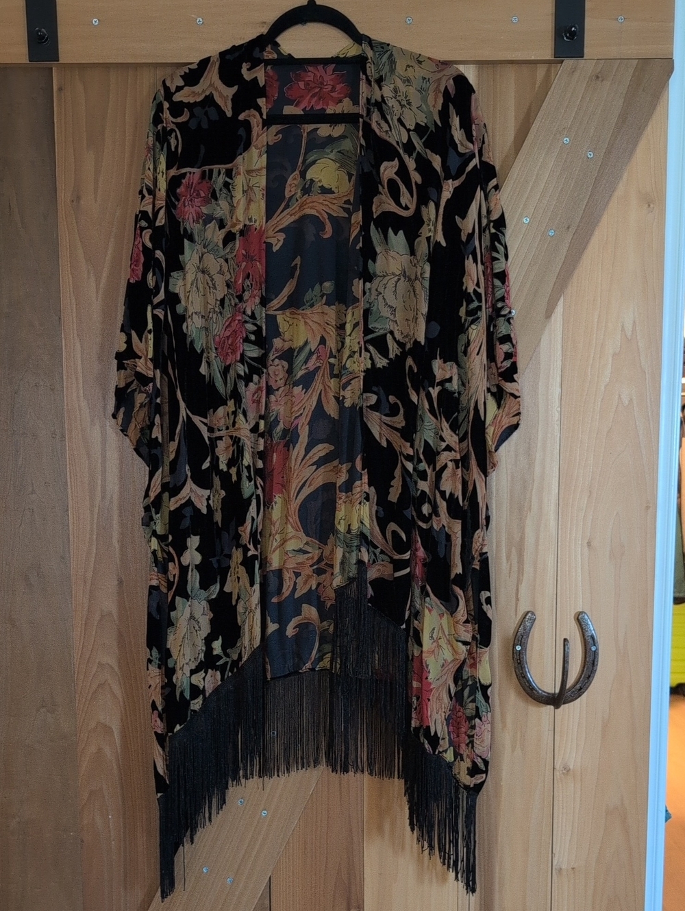 Anthropologie lovestitch Black Velvet Floral Fringe Kimono